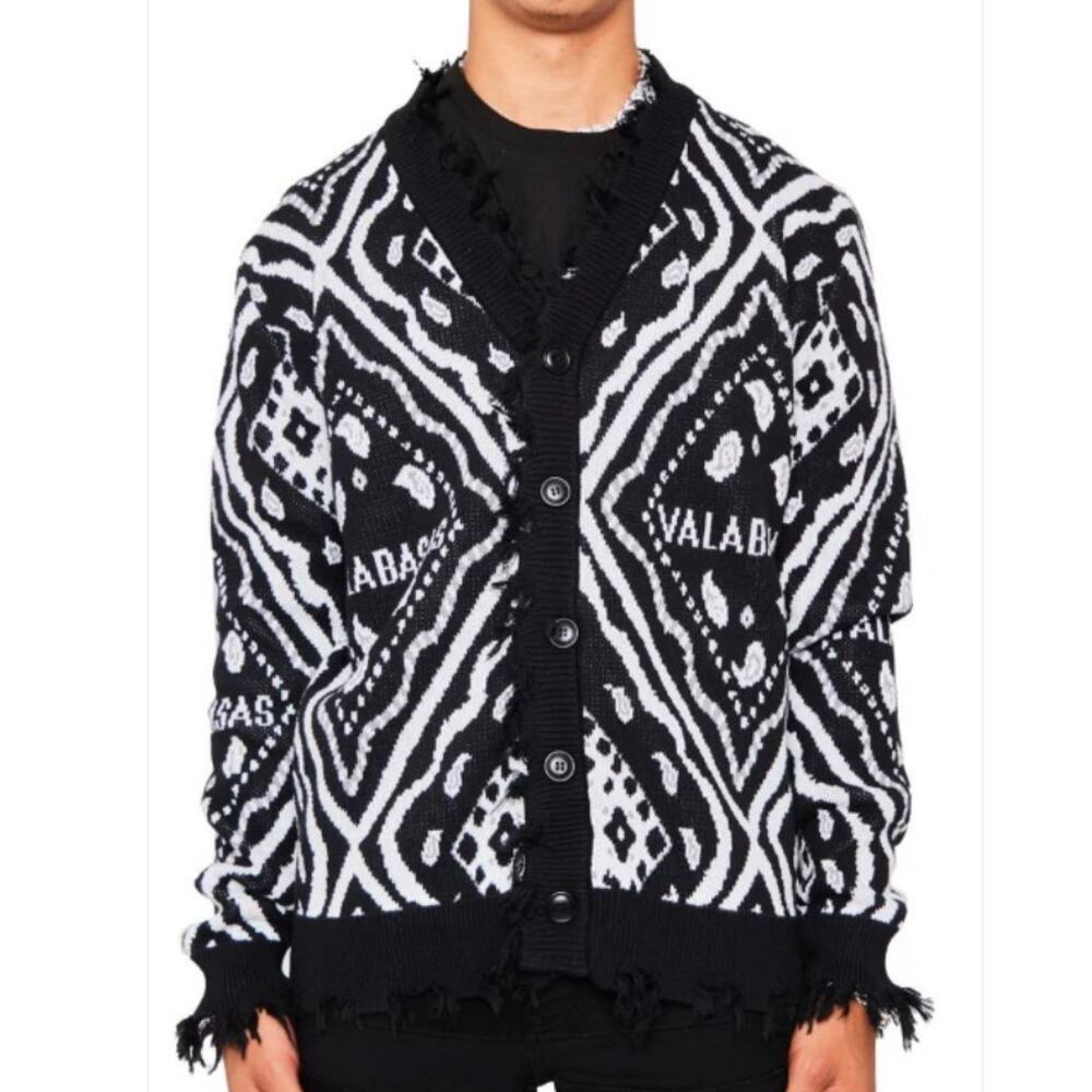 Valabasas S Mens The Pledge Sweater Cardigan Black Distressed Bandana Print